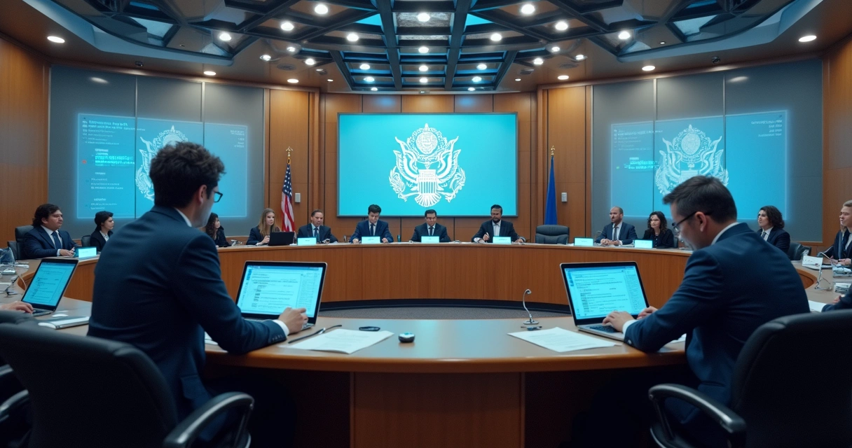 Sala de sessão legislativa com painéis digitais e computadores 
