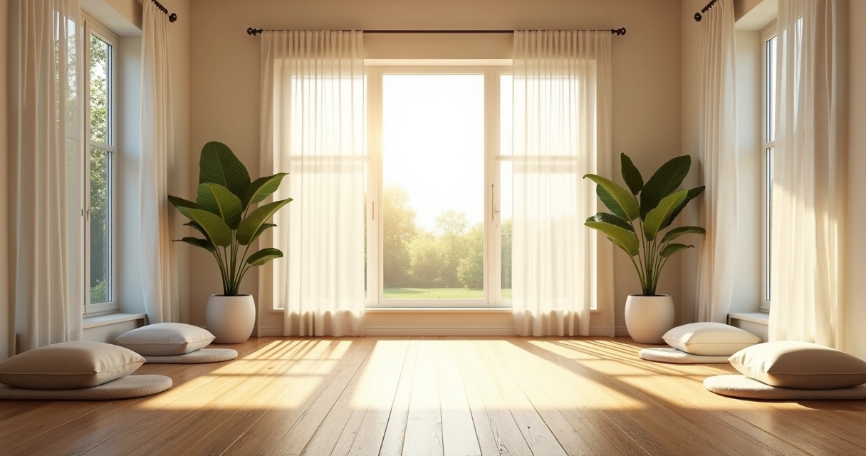 Sala tranquila com luz suave entrando pelas janelas