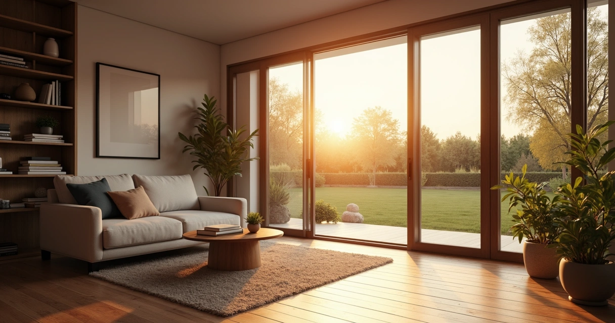 Sala moderna, ampla, com sofá e janela aberta para jardim, ambiente silencioso ao entardecer.