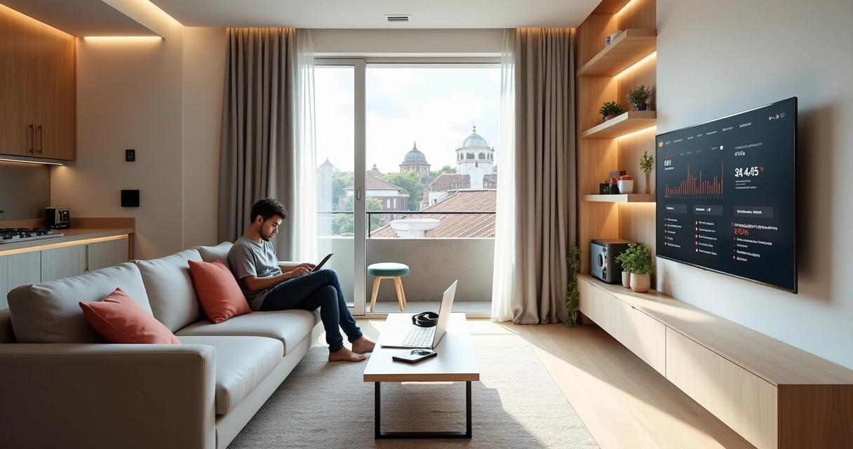 Sala de apartamento inteligente em São João del-Rei com automação e design moderno 