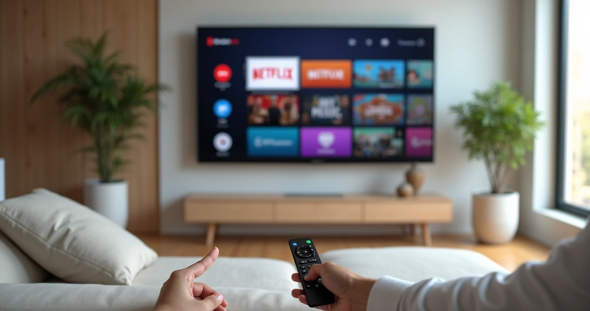 Sala moderna com smart TV ligada em serviços de streaming 
