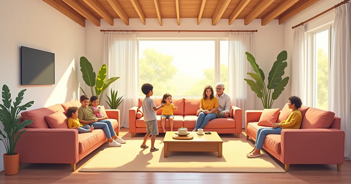 Sala ampla com diferentes tipos de sofás alinhados 