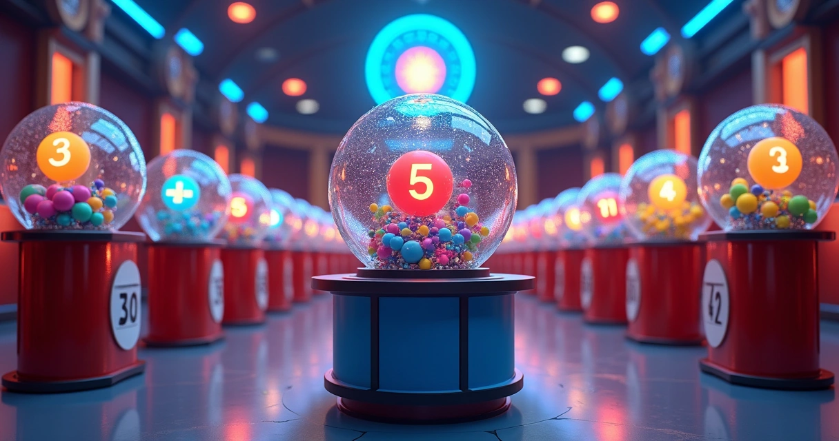 Sala de sorteio da Quina com globos e números em destaque 