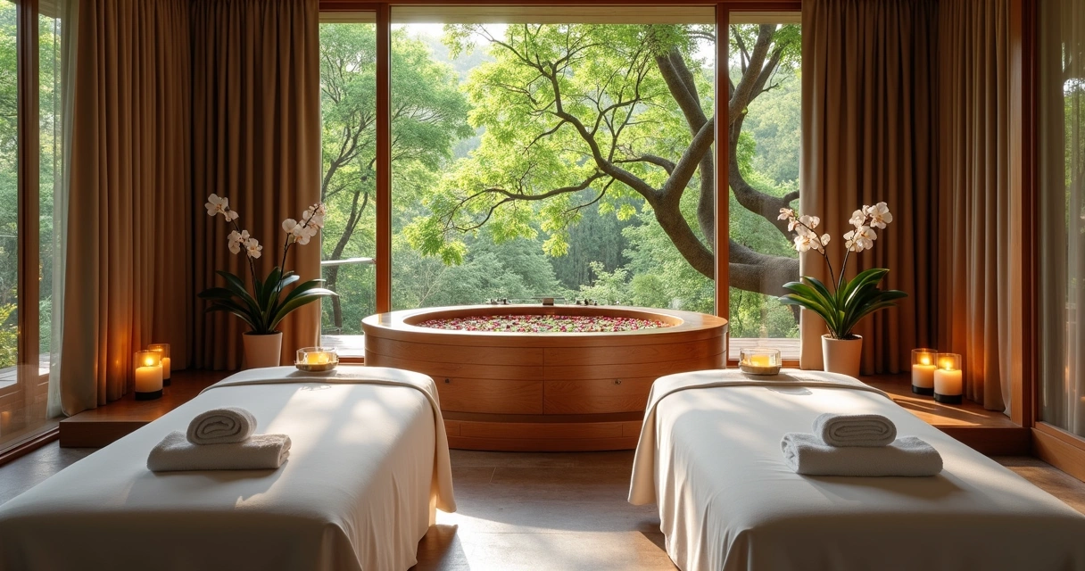 Sala exclusiva com banheira de ofurô e duas macas lado a lado em ambiente decorado 