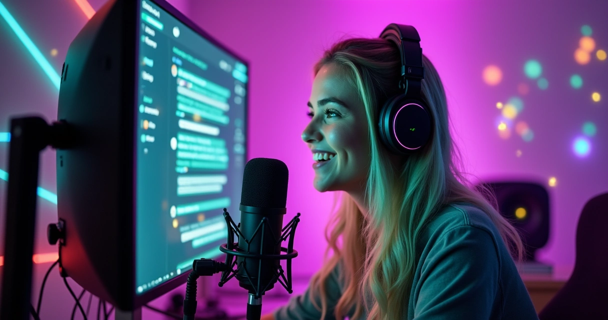 Streamer smiling in a modern environment during live with microphone and lights 