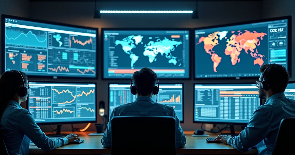 Sala de TI monitorando vários sistemas industriais e financeiros 