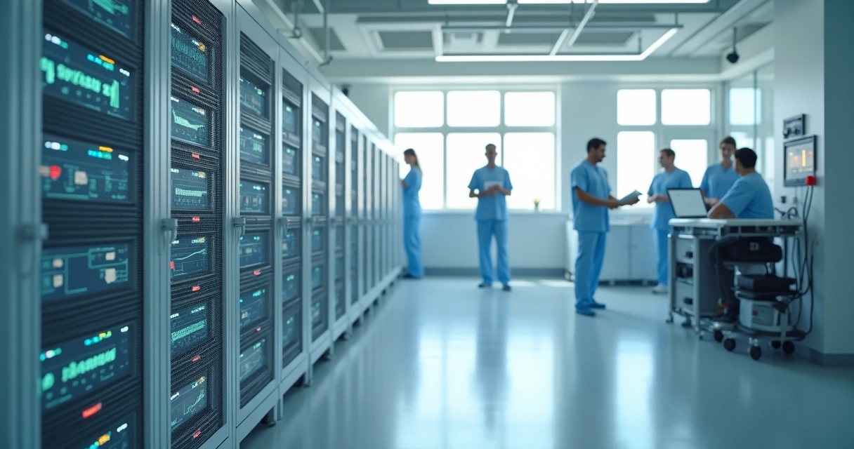 Sala técnica de hospital com módulo de baterias e painéis de monitoramento digital 