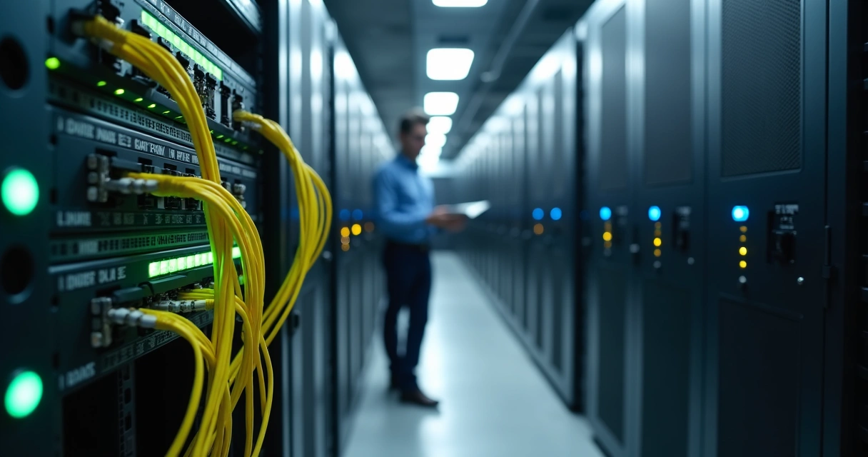 Sala técnica com OLT em rack e cabos de fibra organizados 