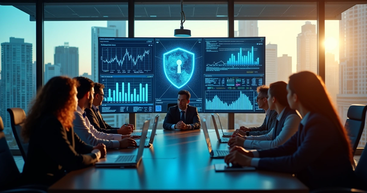 Sala de reuniões de uma empresa, cenário com profissionais discutindo segurança digital com gráficos em telas. 