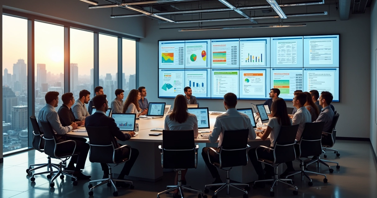 Sala de reunião com equipe analisando telas com layouts de documentos fiscais e gráficos na parede 