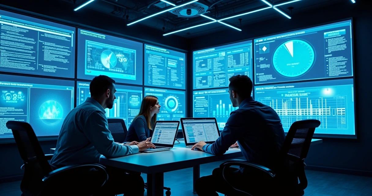 Sala tecnológica com painel de controle de compliance 