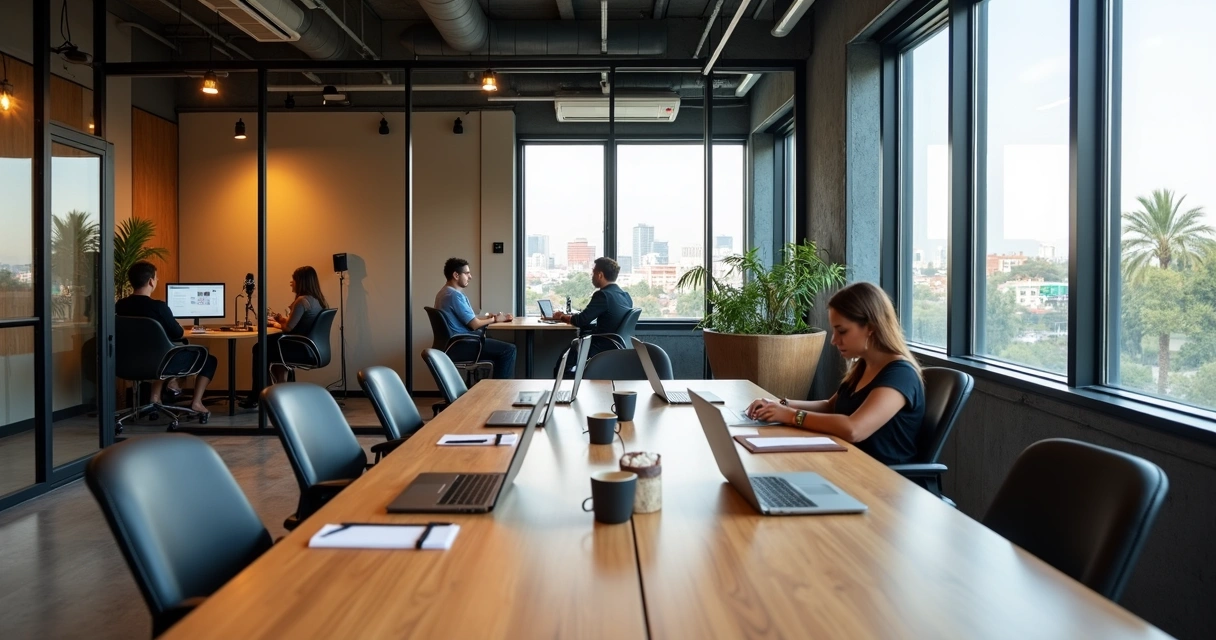 Sala temporária moderna em coworking no centro de Betim com mesa compartilhada e salas privativas ao fundo 
