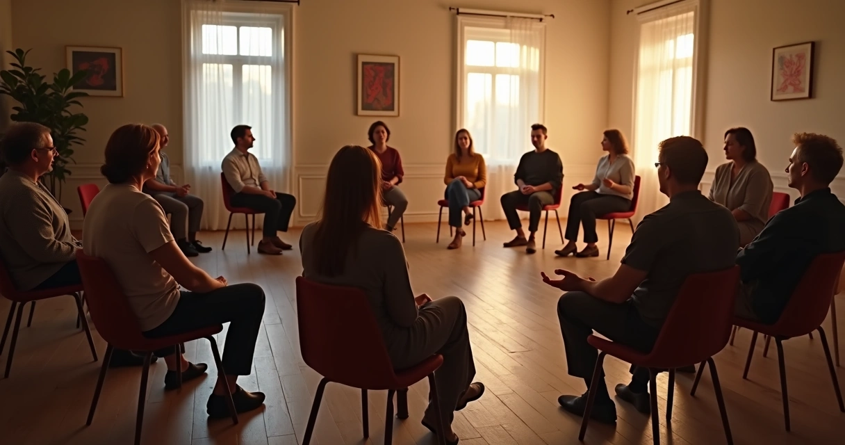 Personas en círculo durante dinámica grupal de constelación 