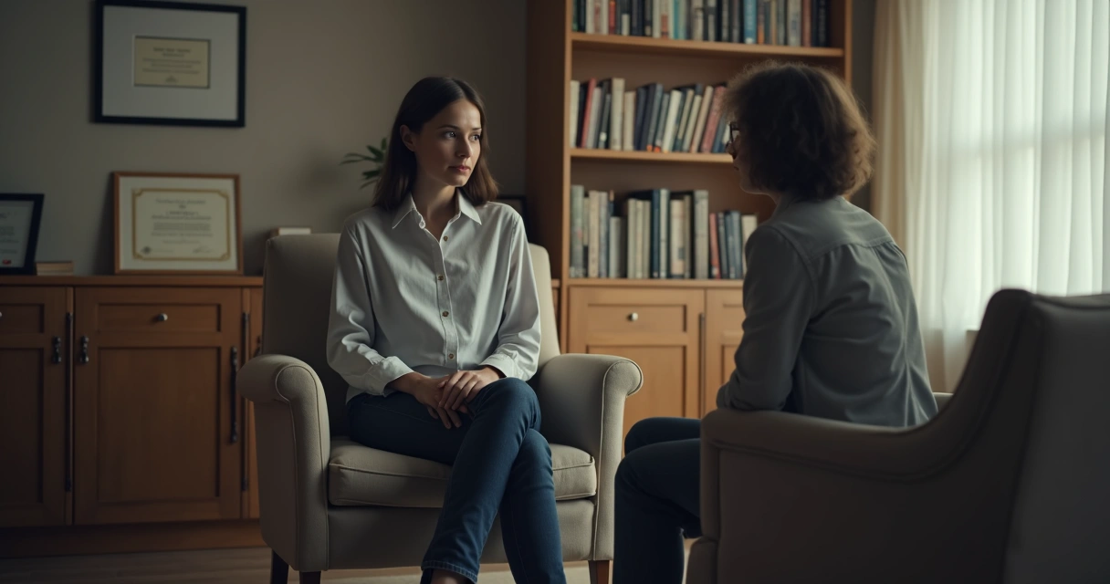 Pessoa sentada em poltrona de sala de terapia com expressão pensativa 