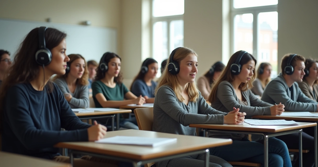 Sala de prova com candidatos usando fones de ouvido para listening 