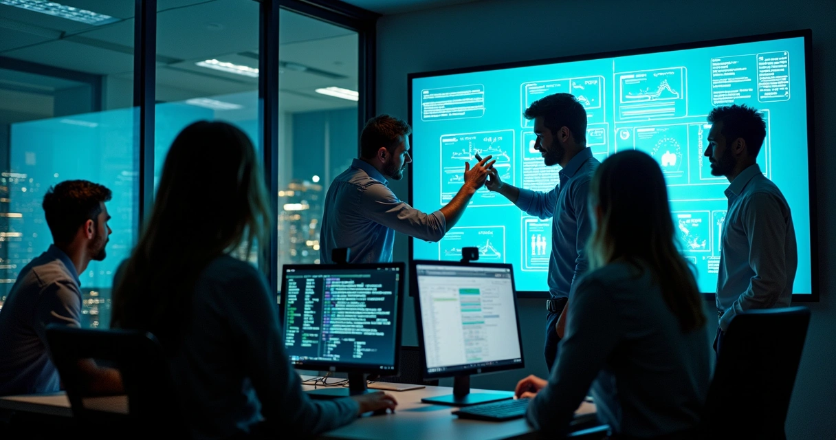 Equipe de cibersegurança reunida em uma sala de TI, trabalhando em computadores 