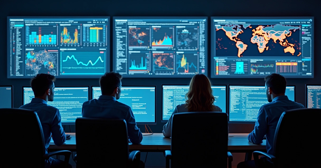 Equipe de TI em sala de monitoramento checando múltiplos painéis de SIEM 