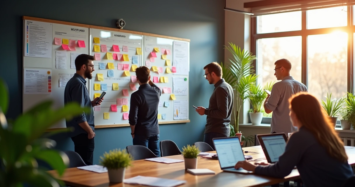 Colaboradores de TI movendo post-its em quadro kanban no escritório 