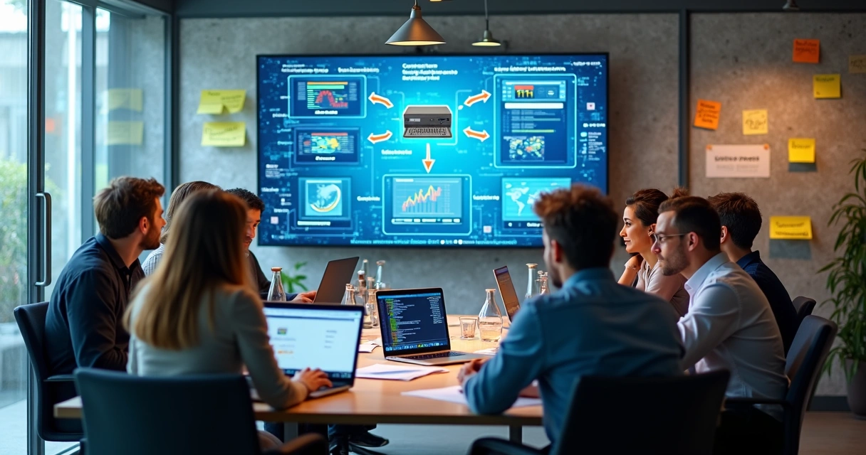 Equipe discutindo aplicação de machine learning em ambiente corporativo