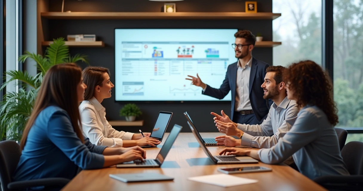 Equipe de tecnologia pequena trabalhando em sala de reunião 