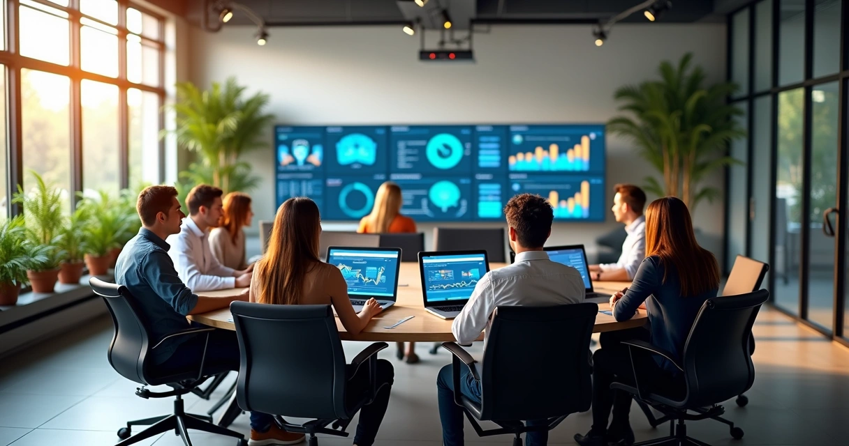 Sala de equipe de TI colaborativa com diferentes profissionais reunidos em torno de uma mesa redonda, computadores e telas com dashboards de desempenho, ambiente de trabalho moderno, plantas ao fundo, iluminação natural 