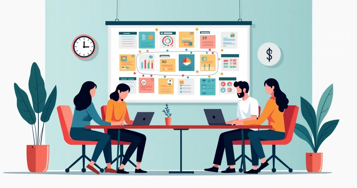 Equipe de trabalho sentada ao redor de uma mesa com laptops, quadro de tarefas na parede e gráficos coloridos ao fundo 