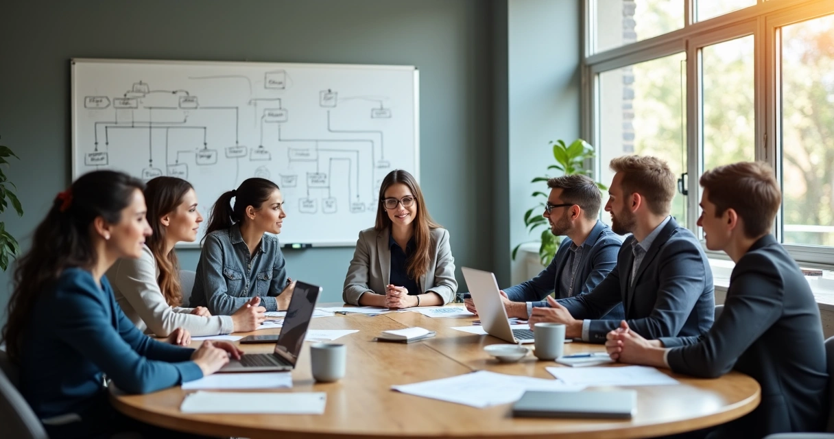 Equipe reunida em uma sala de trabalho, discutindo questões éticas juntos 