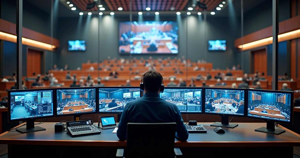 Técnico operando equipamentos para transmissão de sessão da Câmara ao vivo 