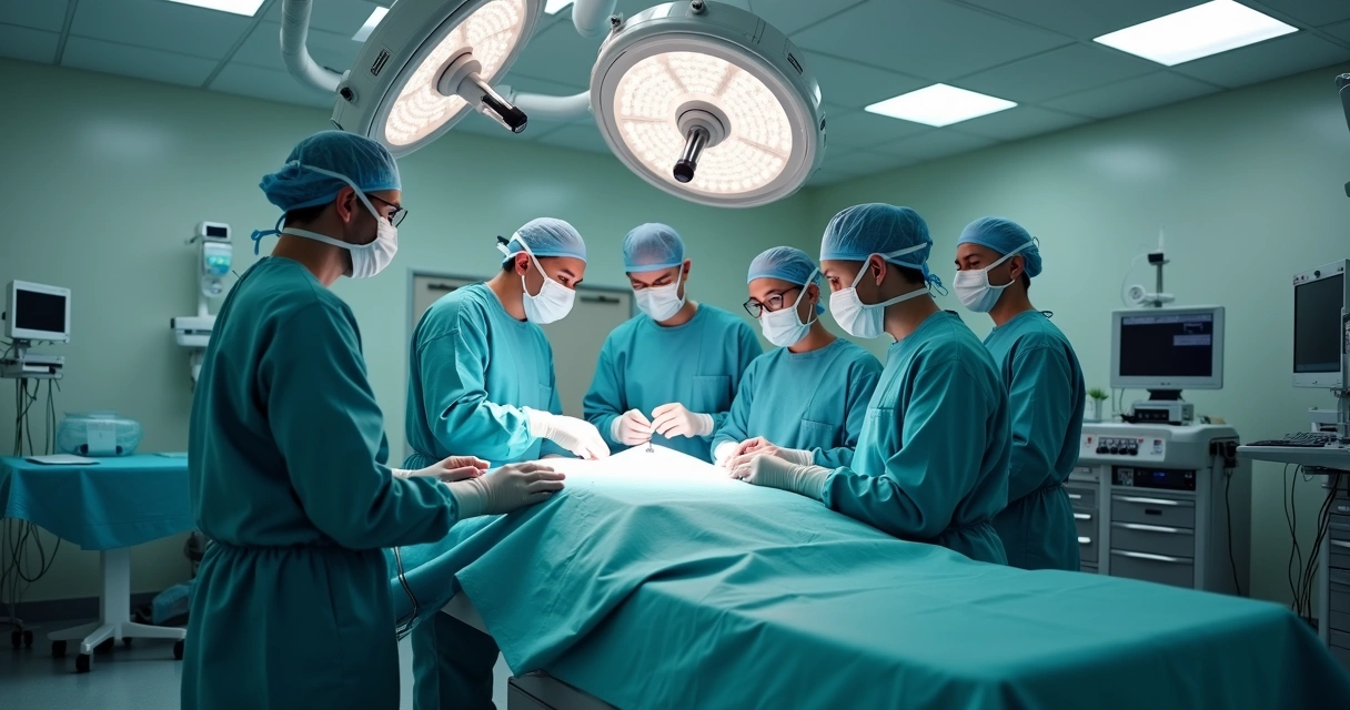 Equipe médica preparada para transplante de medula óssea em sala esterilizada.