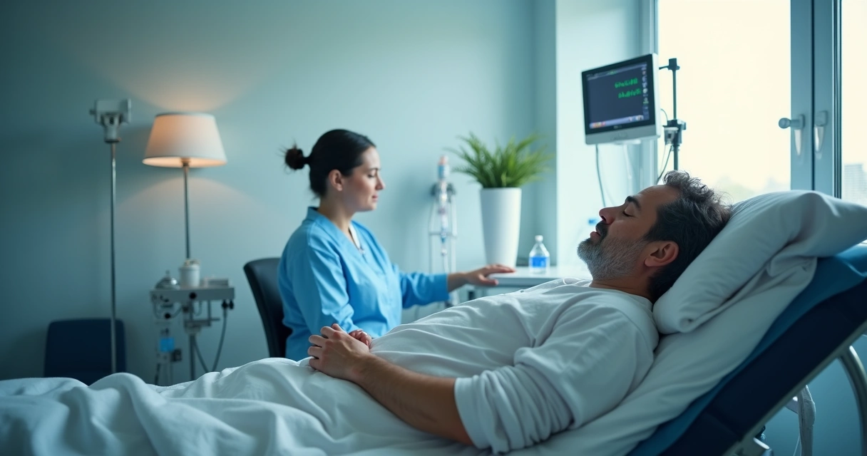 Paciente recebendo imunoterapia em ambiente hospitalar seguro 