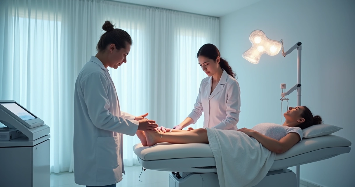 Sala de clínica vascular com equipamento de laser e foco em perna no procedimento