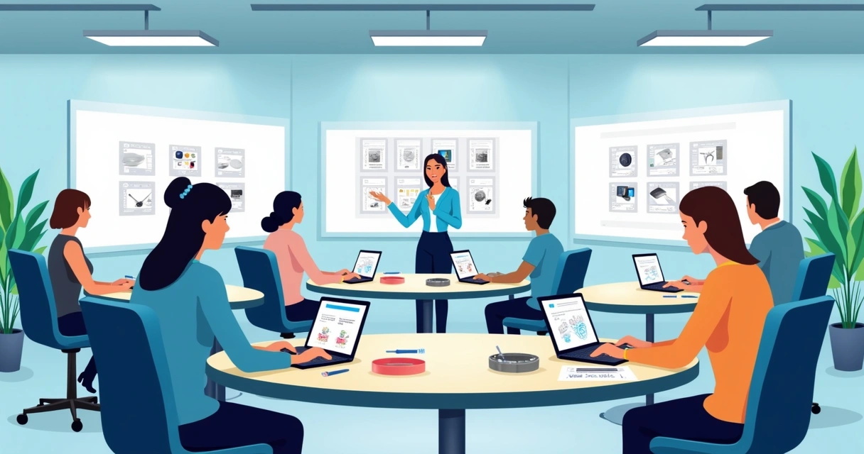 Sala de treinamento para técnicos com projeção digital e mesas interativas