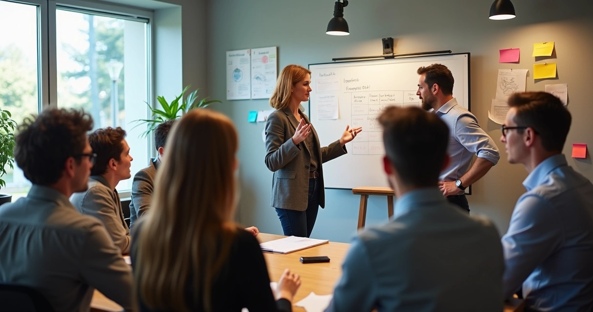 Colaboradores experientes reunidos em uma sala de treinamento corporativo
