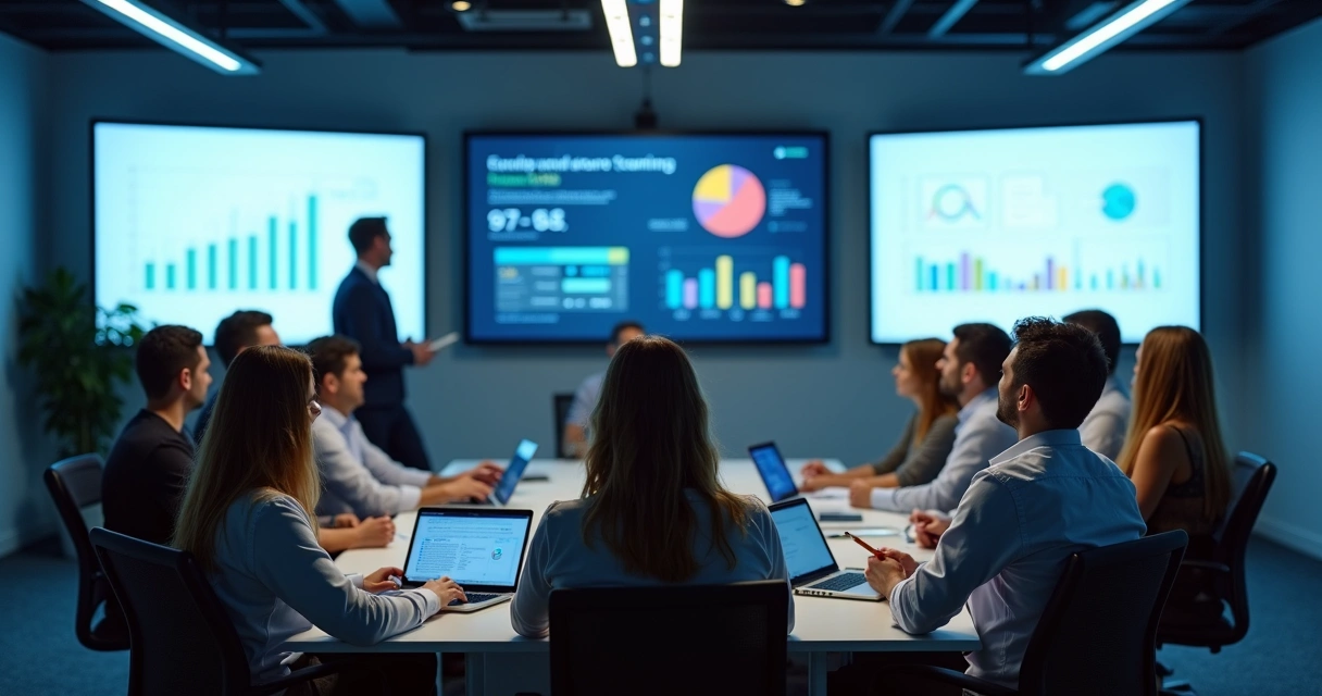 Sala de treinamento com equipe assistindo instrutor em ambiente moderno 