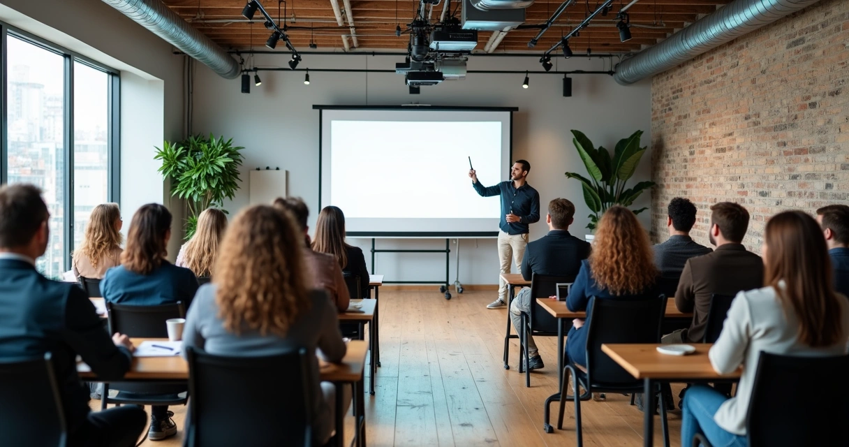 Sala para treinamento em coworking com projetor e pessoas assistindo 
