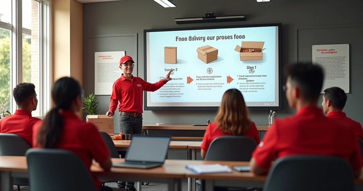 Colaboradores assistindo aula de treinamento para delivery 