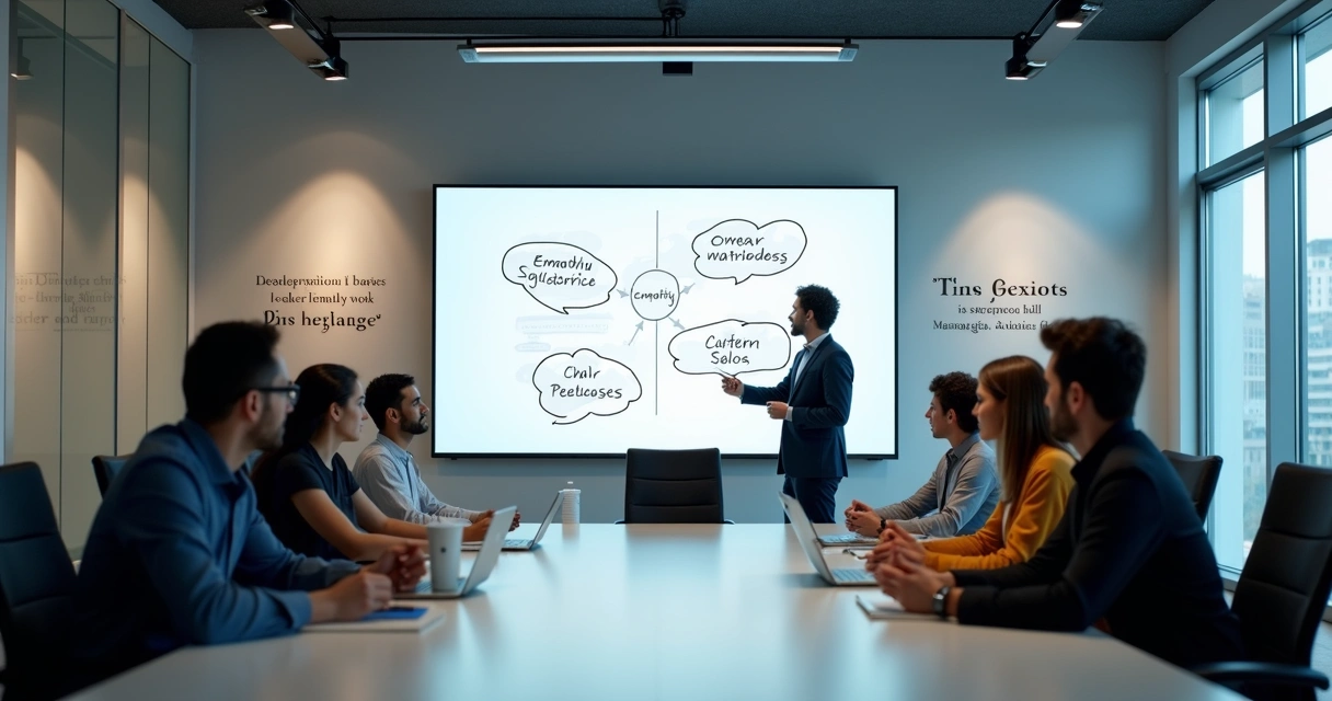 Sala de treinamento com desenvolvedores assistindo aula sobre soft skills 