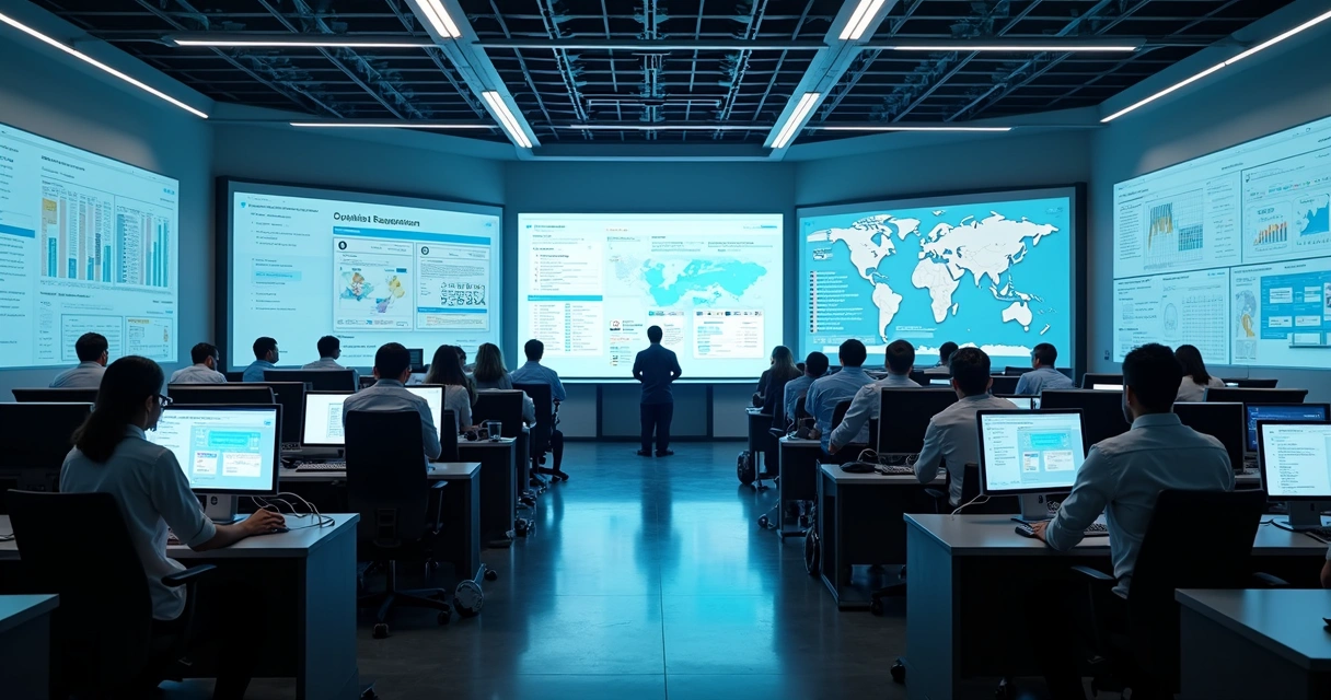 Ambiente de sala de treinamento digital e tela mostrando dados centralizados 