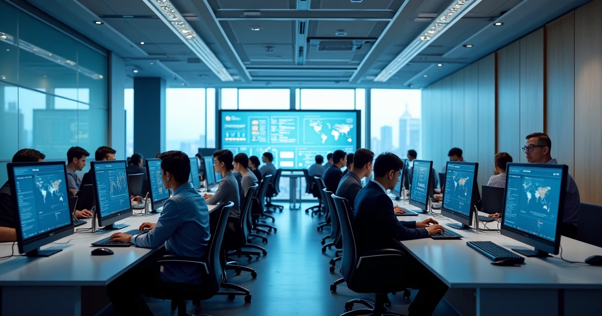 Ambiente digital de treinamento corporativo com colaboradores conectados em computadores 