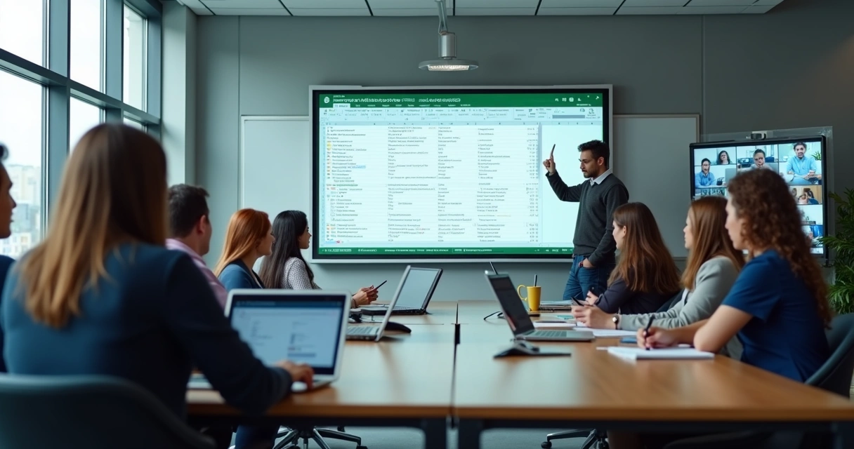 Sala de treinamento mostrando aula presencial e participantes online 