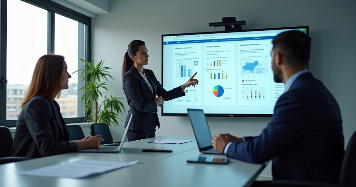 Sala de treinamento empresarial com equipe, computador e apresentação sobre IA 
