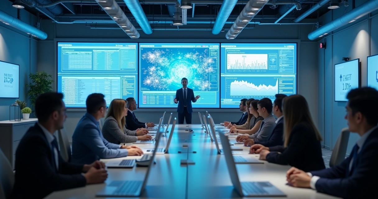 Sala de treinamento híbrido com ferramentas de IA e instrutor presencial 