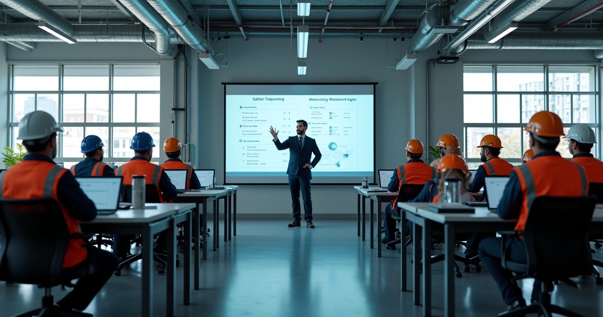 Sala de treinamento corporativo com colaboradores em ambiente industrial 