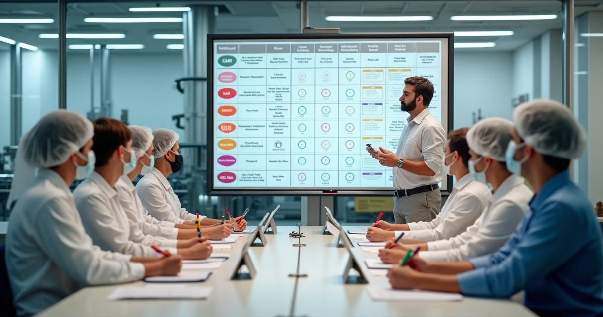 Gestor apresentando matriz de treinamentos para equipe de fábrica de alimentos 