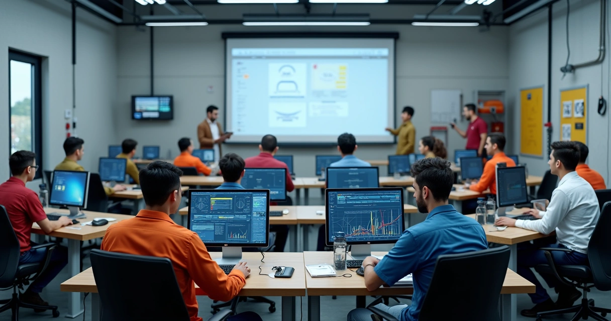 Ambiente de sala de treinamento industrial com profissionais e computadores 