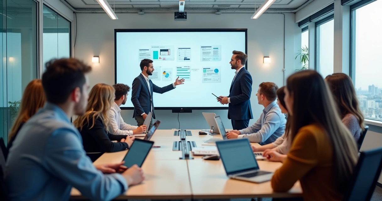 Treinamento corporativo com todos atentos ao instrutor 