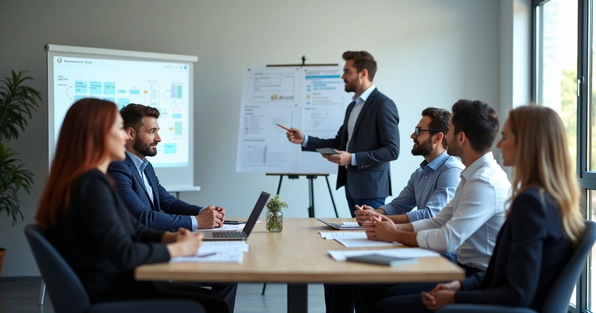 Grupo de líderes em sala de treinamento corporativo, em semicírculo, com treinadora supervisionando atividade simulada 
