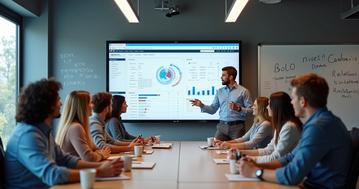 Equipe aprendendo técnicas de BI Power BI em sala de reunião 