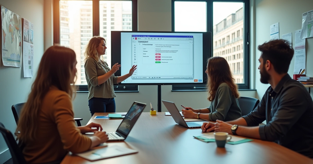 Professores em treinamento CELTA em sala de aula colaborativa moderna 