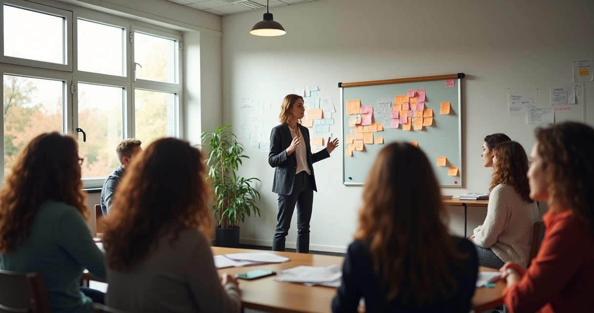 Alunos sentados em círculo em uma sala de universidade, participando de um workshop com instrutor ao centro 